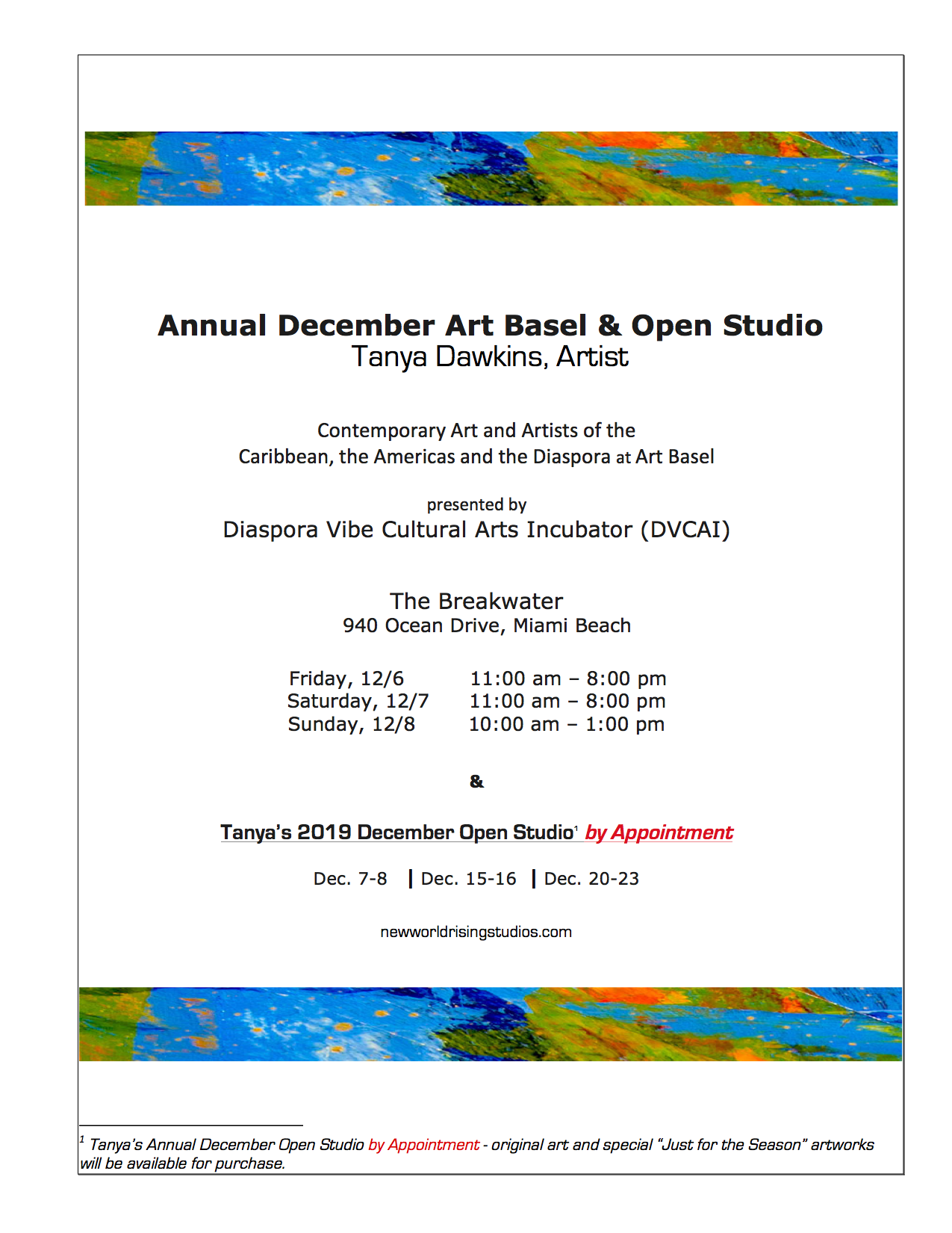 Annual December Art Basel and Open Studio by Appointment